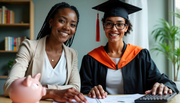 Proud African American woman graduates with accounting, financial planning degree. Sits at table with supportive mother. Look happy, review financial documents like budgets loan options. Piggy bank